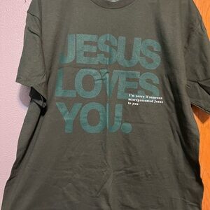Jesus Loves You Graphic Tee - Dark Green Text on Black